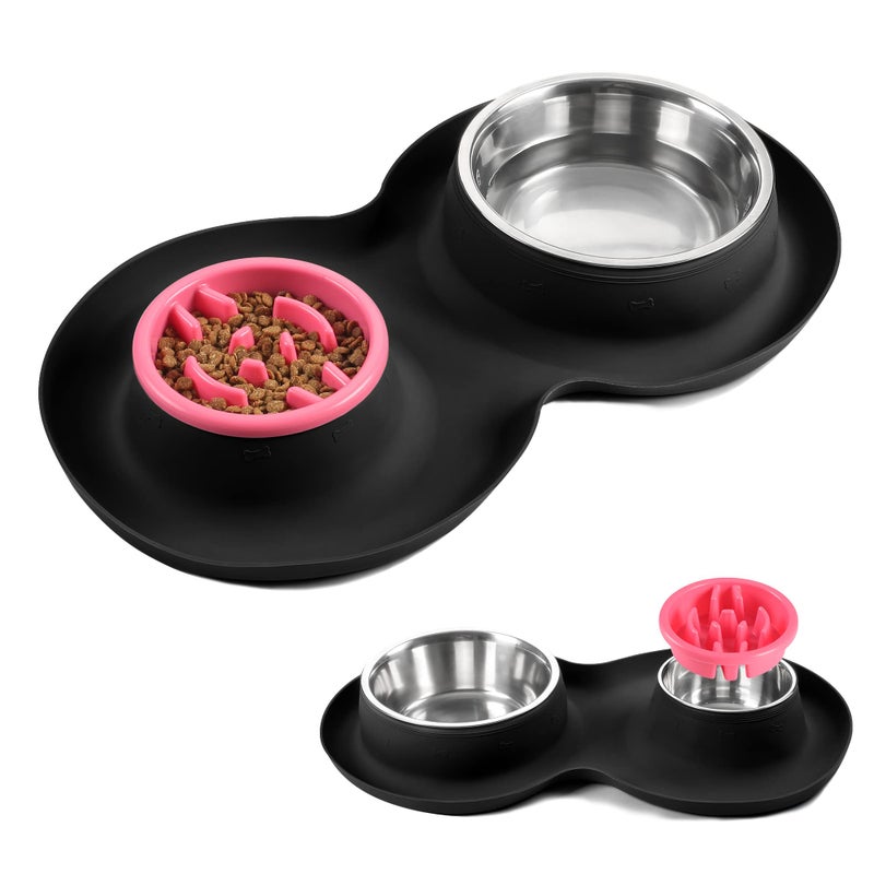 Yacee 100% Waterproof BPA Free Pet Dog Bowls2 Stainless Steelï¼ˆ53oz+27ozï¼‰ with 1.35â€œ Raised Edge Silicone Mat + Slow Feed Dog Water and Food Bowls for Feeding Small Large Dogs Cats Puppies (Black) - Image 1